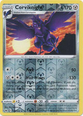 Reverse holo Corviknight card from Pokémon SWORD & SHIELD BASE, featuring a dark bird-like Pokémon with stats and abilities.
