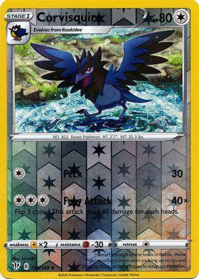 Lockett Labs Corvisquire: DARKNESS ABLAZE (Reverse holo) card featuring a bird Pokémon with blue wings and a silver backgroun