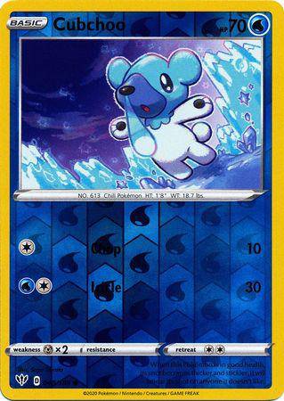 Cubchoo: DARKNESS ABLAZE (Reverse holo) card featuring a blue bear-like Pokémon with a snowy background, showcasing HP and at