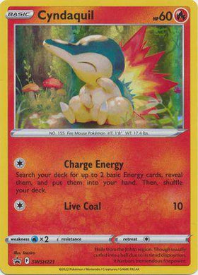 Cyndaquil: PROMO (Holo) - SWSH221 card featuring a cute Cyndaquil in a forest setting with attack details.