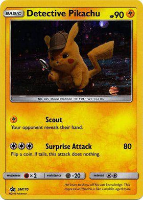 Detective Pikachu: CAFE COLLECTION PROMO (Holo) card featuring Pikachu in a detective hat, with HP 90 and attack details.