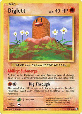 Lockett Labs Diglett: EVOLUTIONS card featuring a mole Pokémon in a grassy field with flowers, stats and abilities listed.