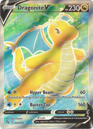 Holographic Dragonite V card from Pokémon GO, featuring vibrant colors, HP 230, and attacks Hyper Beam and Buster Tail.