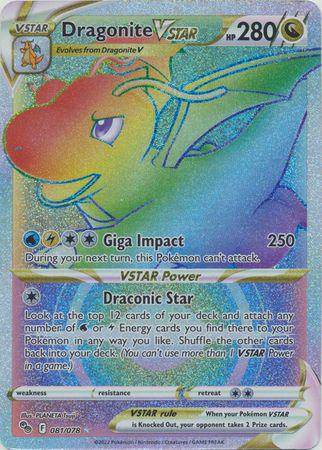 Dragonite VSTAR card from Pokémon GO, featuring vibrant artwork, HP 280, and details on abilities and attacks.