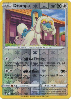 Reverse holo Drampa card from Lockett Labs, featuring a playful Drampa with a silver background and star patterns.