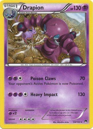 Drapion card from Lockett Labs featuring a purple scorpion Pokémon with HP 130, showcasing its attacks Poison Claws and Heavy