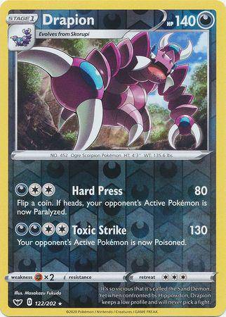 Drapion card from Lockett Labs, featuring a reverse holo design with stats and abilities, including Hard Press and Toxic Stri