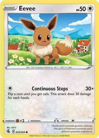 Eevee card from Lockett Labs, Fusion Strike set, featuring a cute illustration of Eevee with HP 50 and attack details.