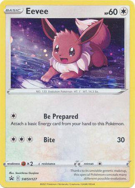 Eevee: PROMO (Holo) - SWSH127 card featuring a cute Eevee with a playful expression, HP 60, and attack details.