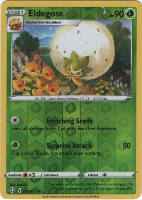 Eldegoss from SHINING FATES, reverse holo card 015/072, featuring a green Pokémon with cotton-like features and stats.