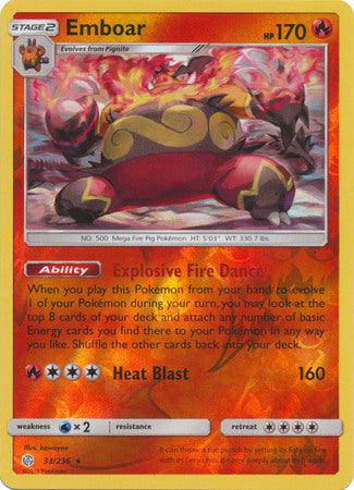 Lockett Labs Emboar: COSMIC ECLIPSE (Reverse holo) card featuring a fiery boar with vibrant colors and stats.