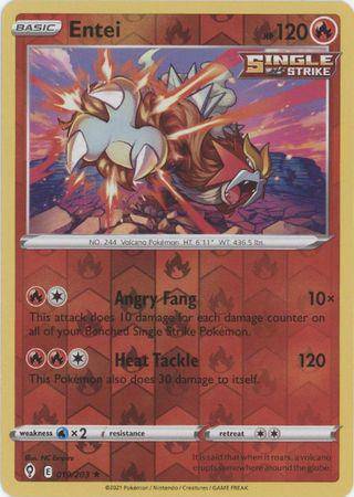 Reverse holo Entei card from Lockett Labs, featuring vibrant artwork and stats: 120 HP, Angry Fang, and Heat Tackle moves.