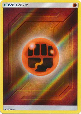 Reverse holo Fighting Energy card from Lockett Labs' HIDDEN FATES set, featuring a stylized fist symbol on a vibrant backgrou