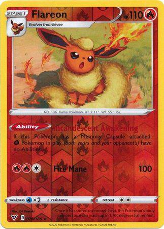 Flareon card from Vivid Voltage set, featuring reverse holo design, HP 110, and abilities listed. Stage 1 evolution from Eeve