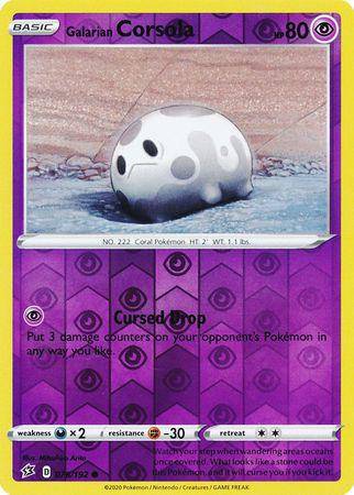 Galarian Corsola card from REBEL CLASH, reverse holo, featuring purple background and unique artwork. Card number 078/192.