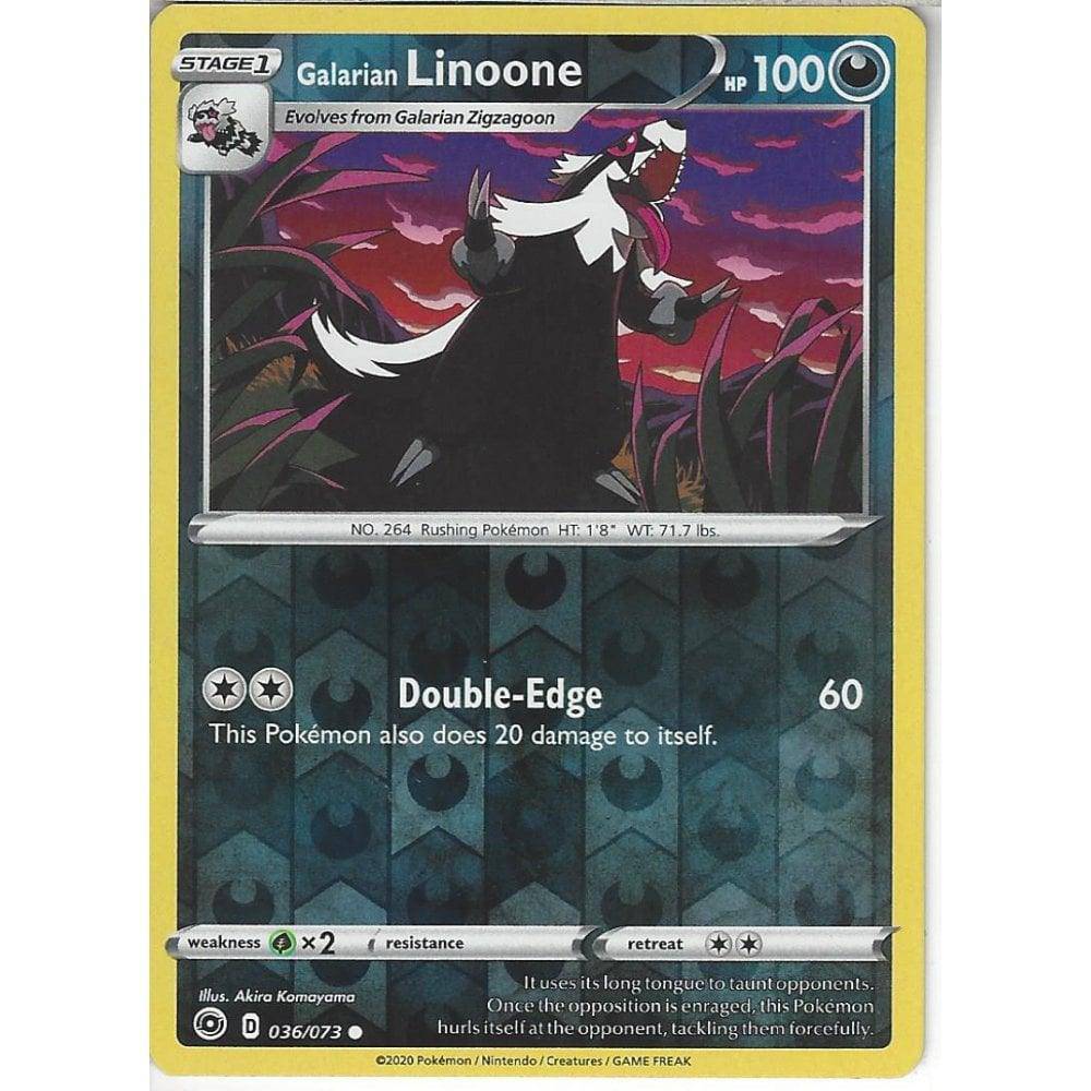 Galarian Linoone card from Champion's Path, reverse holo, featuring artwork of the Pokémon with stats and moves listed.