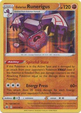 Holo card of Galarian Runerigus from Lockett Labs, featuring vibrant artwork and stats, including HP and abilities.