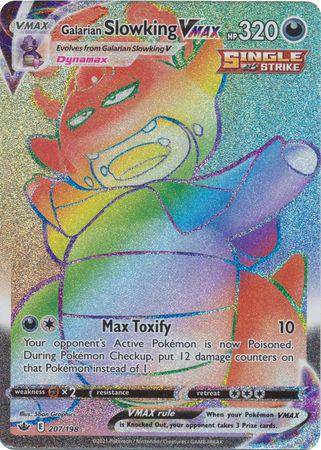 Holographic card featuring Galarian Slowking VMAX from Chilling Reign, showcasing vibrant colors and details. Card number 207