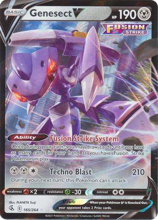 Genesect V: FUSION STRIKE card featuring a robotic Pokémon with abilities and attack details, set against a colorful backgrou