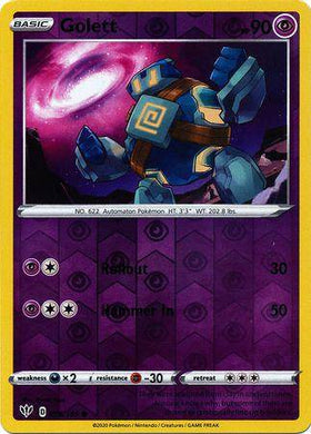 Lockett Labs Golett: DARKNESS ABLAZE (Reverse holo) card featuring a blue and yellow Pokémon against a cosmic background.