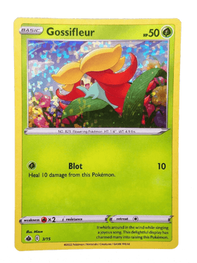 Lockett Labs Gossifleur card from McDonald's 2022, featuring vibrant artwork of Gossifleur with colorful background. Holo fin