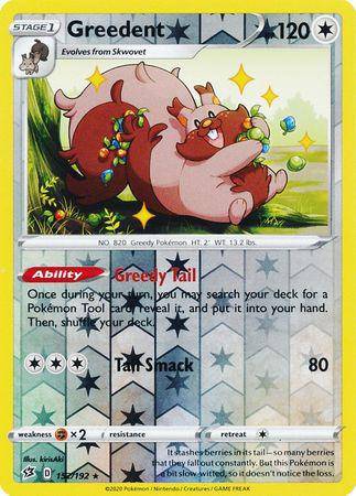 Greedent: REBEL CLASH (Reverse holo) card featuring a playful Greedent with sparkles, showcasing its abilities and stats.