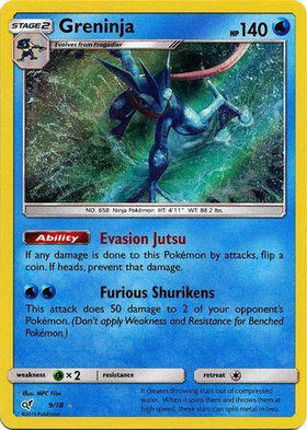 Holo card featuring Greninja from Detective Pikachu, HP 140, with abilities Evasion Jutsu and Furious Shurikens.