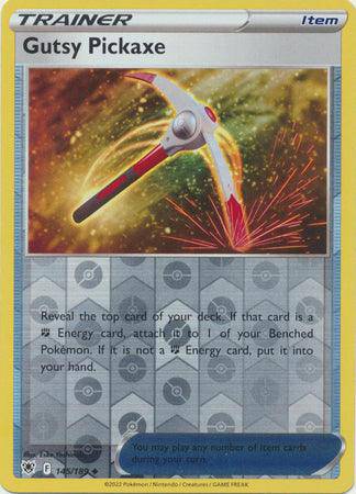 Gutsy Pickaxe: ASTRAL RADIANCE (Reverse holo) - 145/189, featuring a red and silver pickaxe design on a blue background.