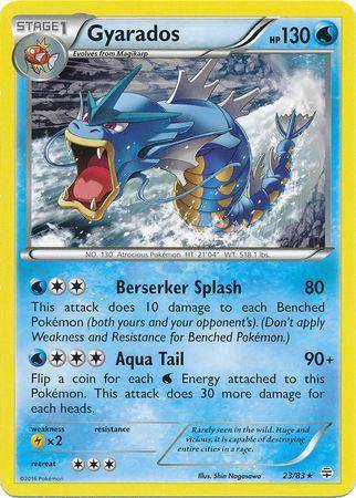 Lockett Labs Gyarados card featuring a blue dragon-like Pokémon with a fierce expression, HP 130, and two attack moves.