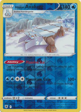 Hisuian Avalugg card from ASTRAL RADIANCE, reverse holo, featuring artwork of Avalugg with stats and abilities.
