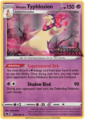 Hisuian Typhlosion ASTRAL RADIANCE STAMPED PROMO card, sealed, featuring holo effects and detailed abilities. Card number 052