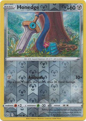 Honedge: BATTLE STYLES (Reverse holo) card featuring a blue sword Pokémon with HP 60, attack details, and card number 105/163