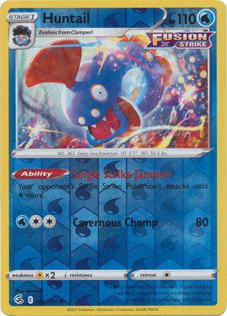 Huntail: FUSION STRIKE (Reverse holo) card featuring a blue aquatic Pokémon with abilities and stats displayed.