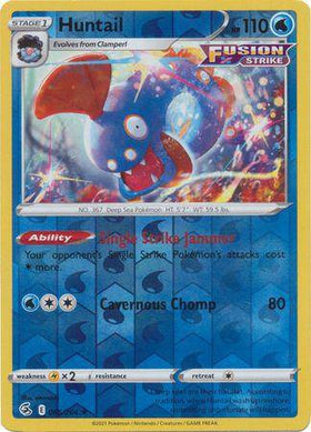 Huntail: FUSION STRIKE (Reverse holo) card featuring a blue aquatic Pokémon with abilities and stats displayed.