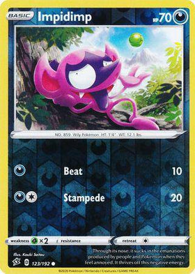 Impidimp: REBEL CLASH (Reverse holo) card featuring a purple Impidimp with green accents, HP 70, and attack details. 123/192.