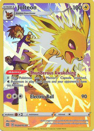 Jolteon card from Lockett Labs, featuring vibrant artwork, HP 100, and abilities like Thunderous Awakening and Electric Ball.