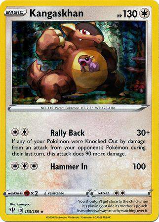 Holo Kangaskhan card from Lockett Labs, featuring 130 HP, with attacks Rally Back and Hammer In. Card number 133/189.