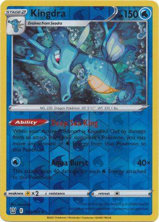 Kingdra: BATTLE STYLES (Reverse holo) - 033/163 featuring a blue Kingdra with abilities and attack details on a colorful card