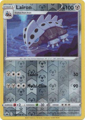Lairon: CHILLING REIGN (Reverse holo) card featuring a metallic Pokémon with stats and abilities, set against a colorful back