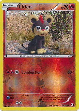 Litleo: FLASHFIRE (Reverse holo) card featuring a lion cub Pokémon with a red mane, set against a natural background. 18/106.