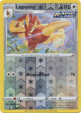 Lopunny: FUSION STRIKE (Reverse holo) card featuring a dynamic illustration of Lopunny with stats and abilities.