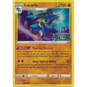Lucario: BRILLIANT STARS PROMO (Holo) - SWSH186 card featuring Lucario in action with abilities and stats displayed.