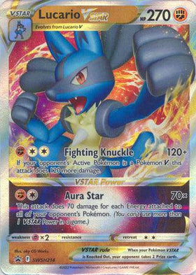 Lucario VSTAR card from Lockett Labs featuring vibrant artwork, HP 270, and abilities Fighting Knuckle and Aura Star.