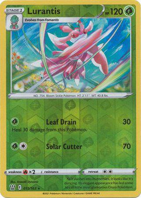 Lurantis: BATTLE STYLES (Reverse holo) card featuring a vibrant illustration of Lurantis with HP 120, showcasing its attacks.
