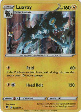 Lockett Labs Luxray card from SHINING FATES, featuring a holo design, HP 160, and attack details. Card number 033/072.
