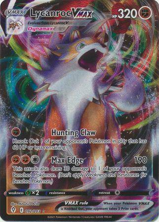 Lockett Labs Lycanroc VMAX card from Evolving Skies, featuring vibrant artwork of Lycanroc with HP 320 and attack details.