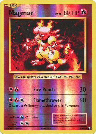 Reverse holo Magmar card from Lockett Labs, featuring vibrant colors and fire-themed artwork, showcasing its attacks and stat
