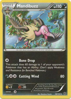 Mandibuzz card from Lockett Labs, featuring a flying Pokémon with HP 110, attacks Bone Drop and Cutting Wind.