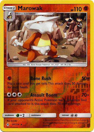 Marowak card from Lockett Labs' UNBROKEN BONDS set, featuring reverse holo design, HP 110, and attacks Bone Rush and Assault 
