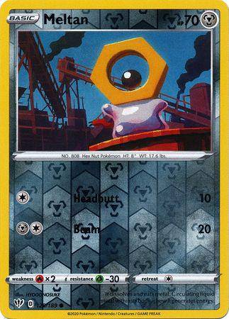 Reverse holo Meltan card from Lockett Labs, featuring a hexagonal Pokémon with industrial background and stats. 129/189.